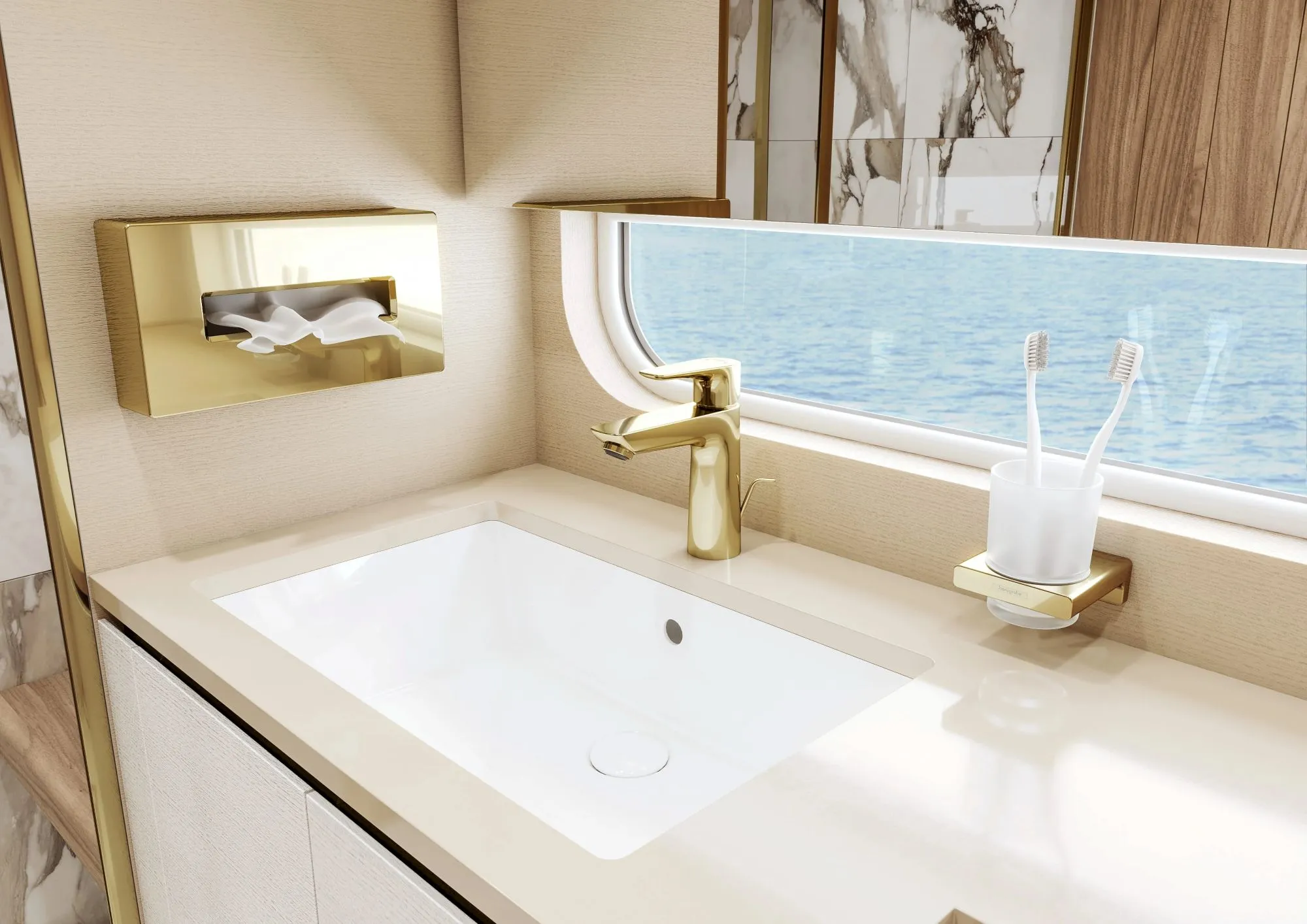 Modern bathroom vanity with brushed brass fixtures, a white undermount sink, and a large window overlooking the ocean. 