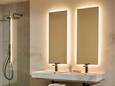 Two rectangle LED vanity mirrors place symmetrically above a dual bathroom sink.