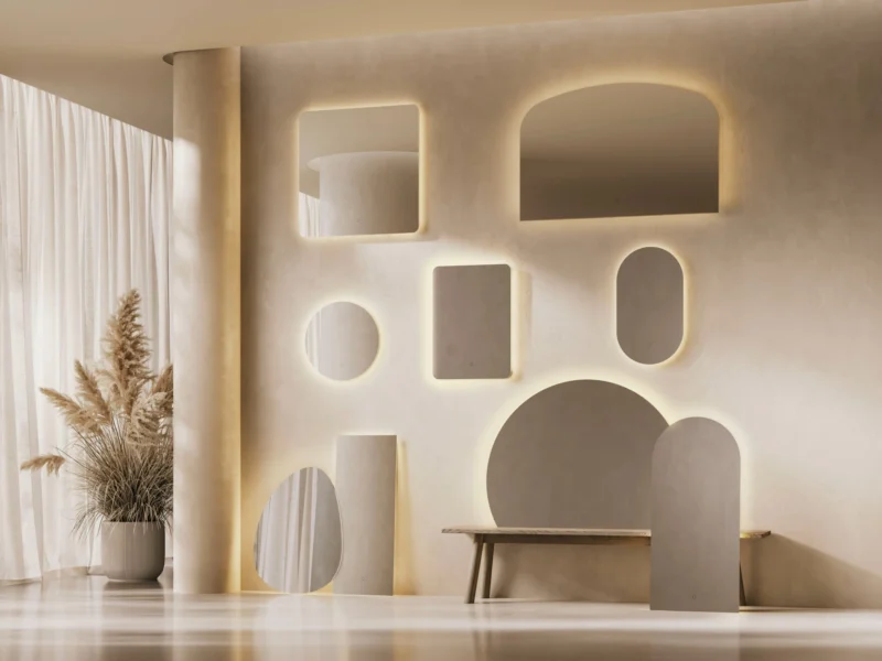 A selection of differently shaped LED vanity mirrors hung adn propped up against an off-white wall.