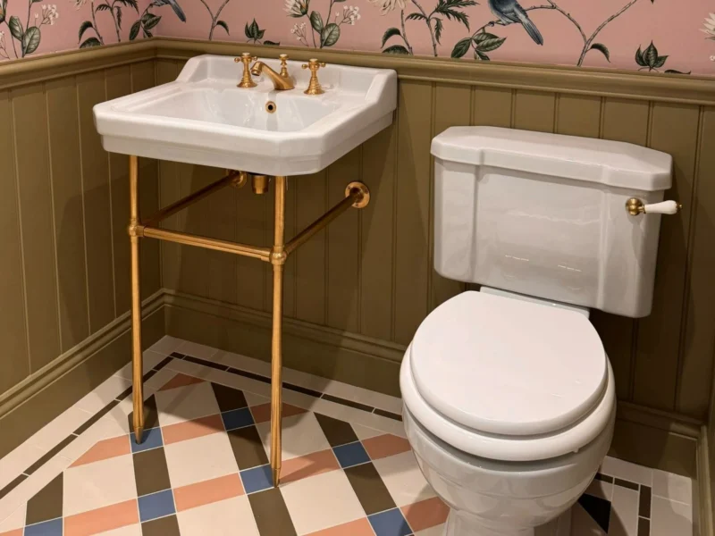 A downstairs bathroom with olive wall panelling, floral pink wallpaper, and colourful floor tiles in olive, white, pink, and blue. 