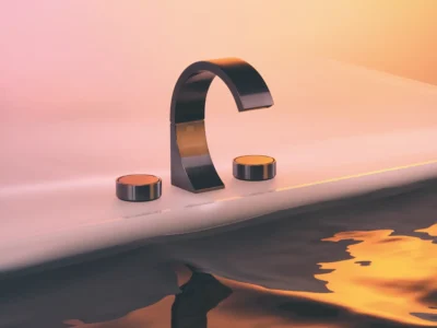 A Dornbracht tap with colourful lighting in the background.