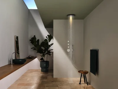 A Dornbracht bathroom with an overhead ceiling shower.